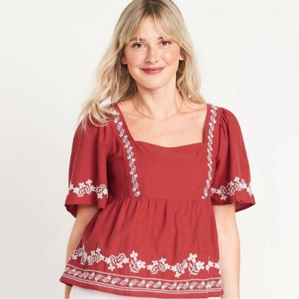 Old Navy Red Embroidered Women's Top With Tie Back Detail